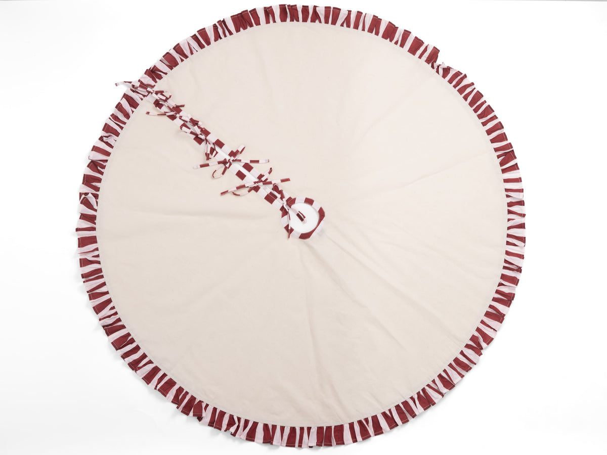 Christmas Tree Skirt with ruffles | Canvas Tree Skirt with striped Red ruffles| Christmas Decor