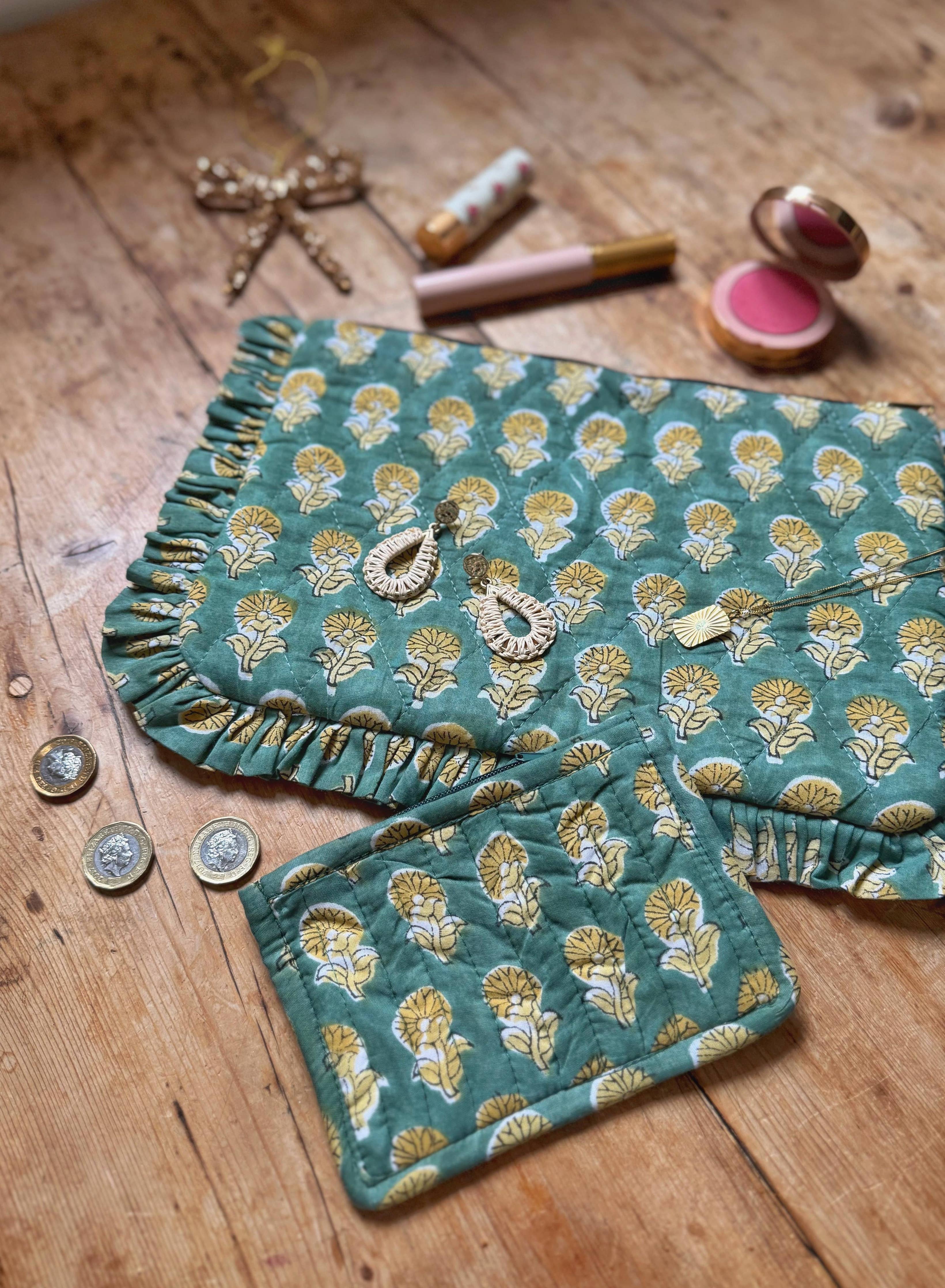 Indian Hand block Printed- Emerald Ruffle Clutch