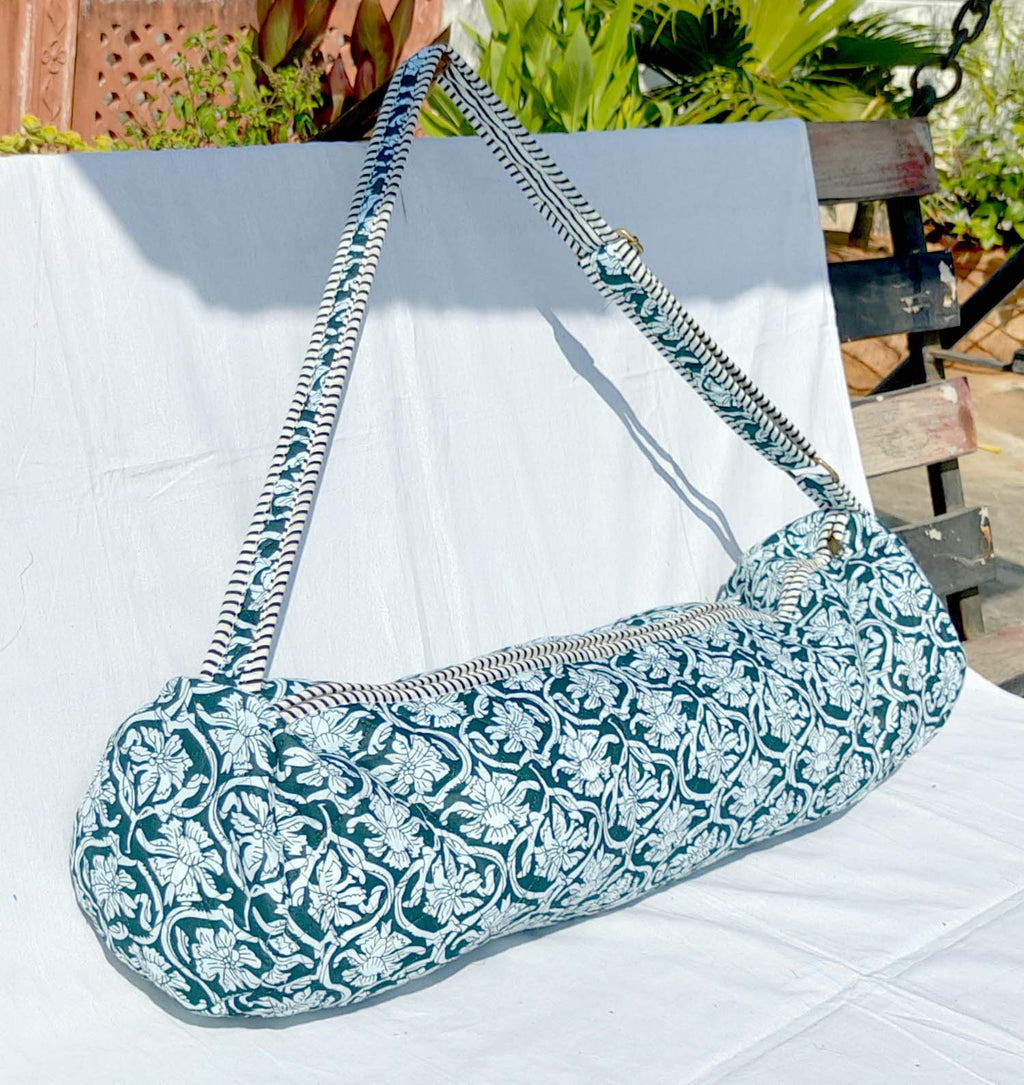 Quilted Block print Yoga Mat Bag in Teal and white floral print: Indian Handmade Cotton Tote bag