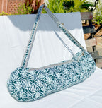 Quilted Block print Yoga Mat Bag in Teal and white floral print: Indian Handmade Cotton Tote bag