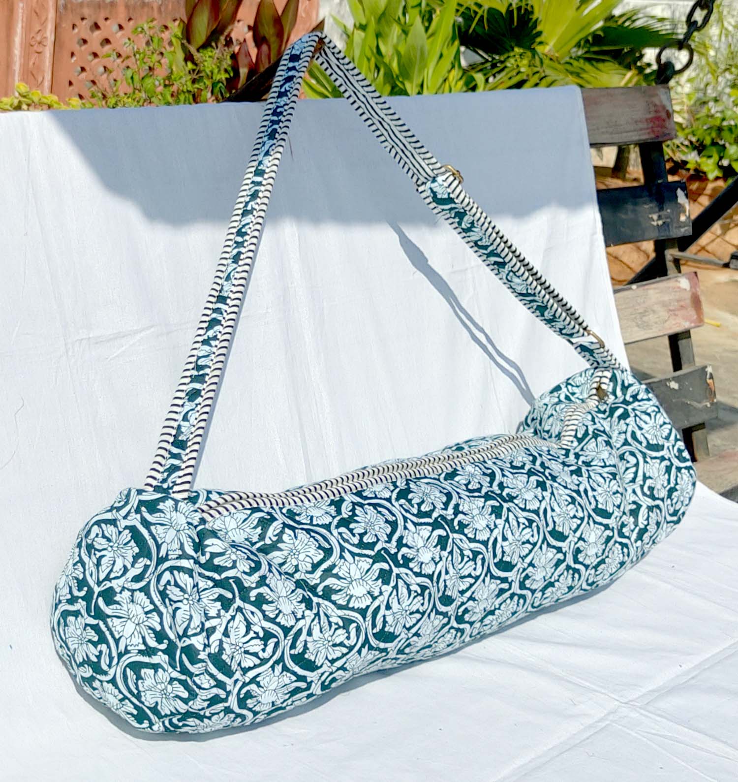 Quilted Block print Yoga Mat Bag in Teal and white floral print: Indian Handmade Cotton Tote bag