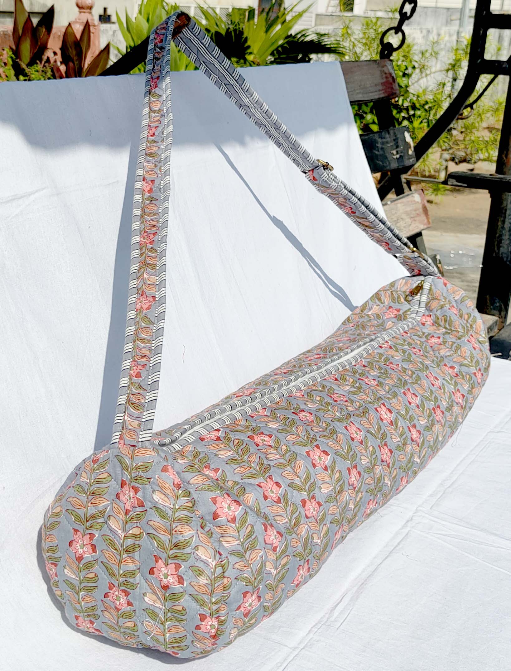 Quilted Block print Yoga Mat Bag in Pink and grey floral print: Indian Handmade Cotton Tote bag