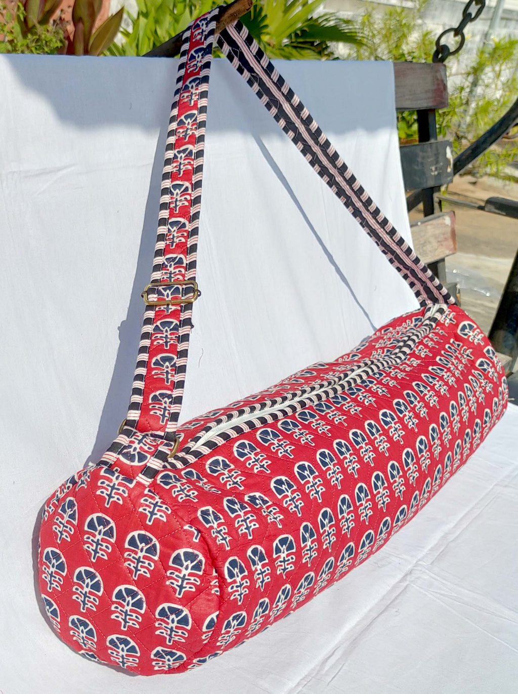 Quilted Block print Yoga Mat Bag in Red and Black floral print: Indian Handmade Cotton Tote bag