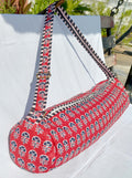 Quilted Block print Yoga Mat Bag in Red and Black floral print: Indian Handmade Cotton Tote bag