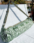 Quilted Block print Yoga Mat Bag in Green and White floral print: Indian Handmade Cotton Tote bag