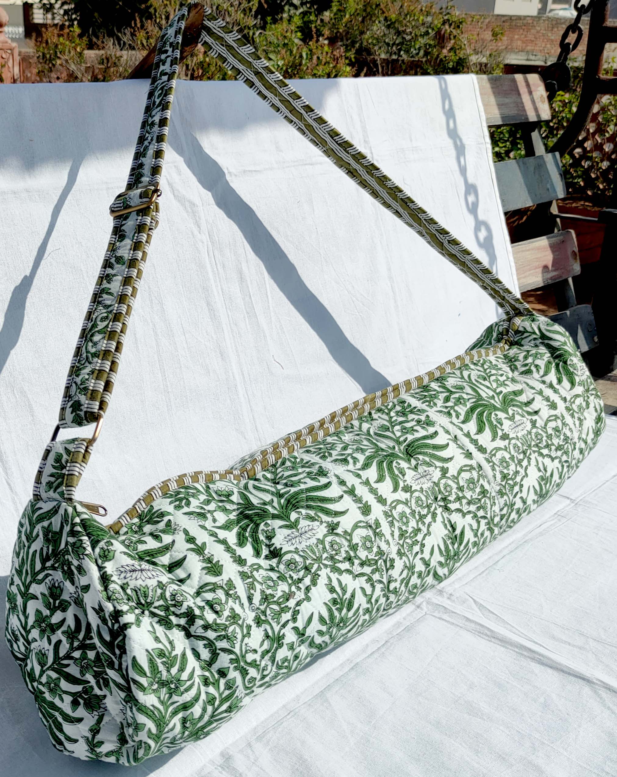 Quilted Block print Yoga Mat Bag in Green and White floral print: Indian Handmade Cotton Tote bag