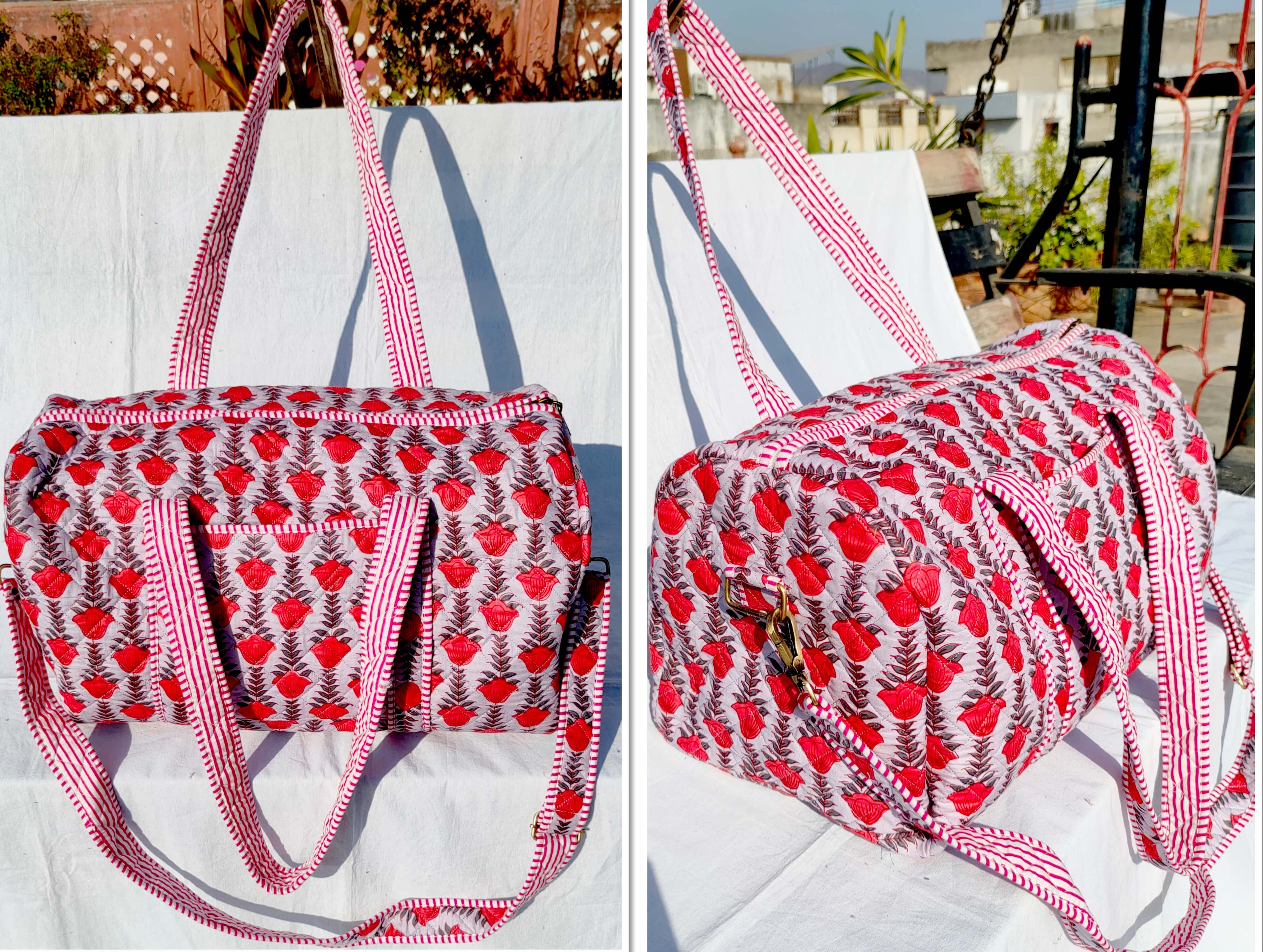 Indian handblock printed travel bag / large duffel bag- Red and Pink Floral print