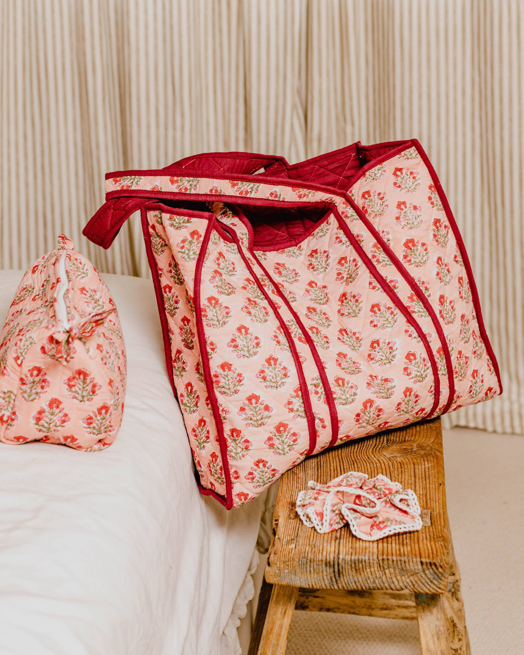 Hand Block Print Tote Bag - Apricot Floral