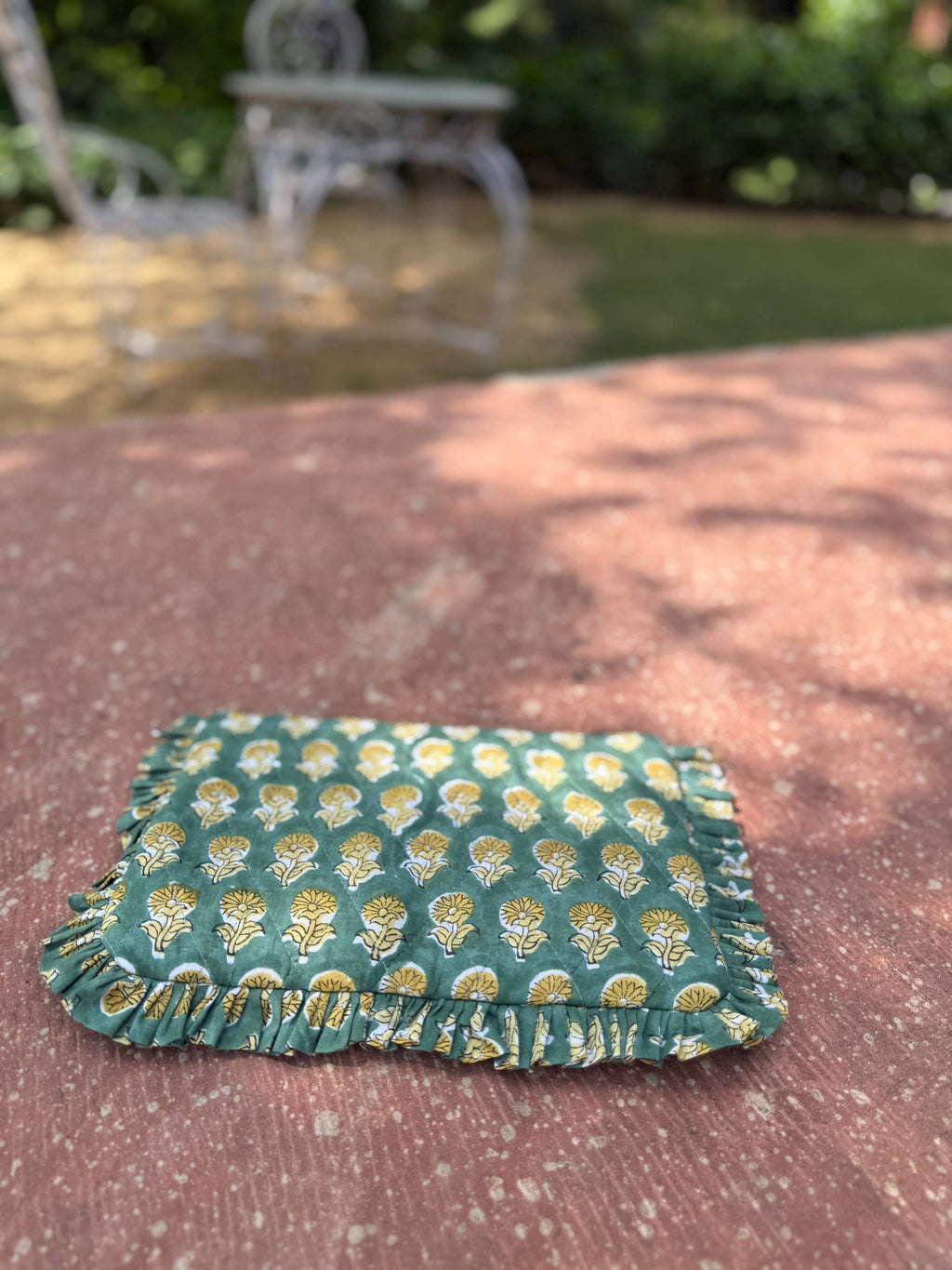 Indian Hand block Printed- Emerald Ruffle Clutch
