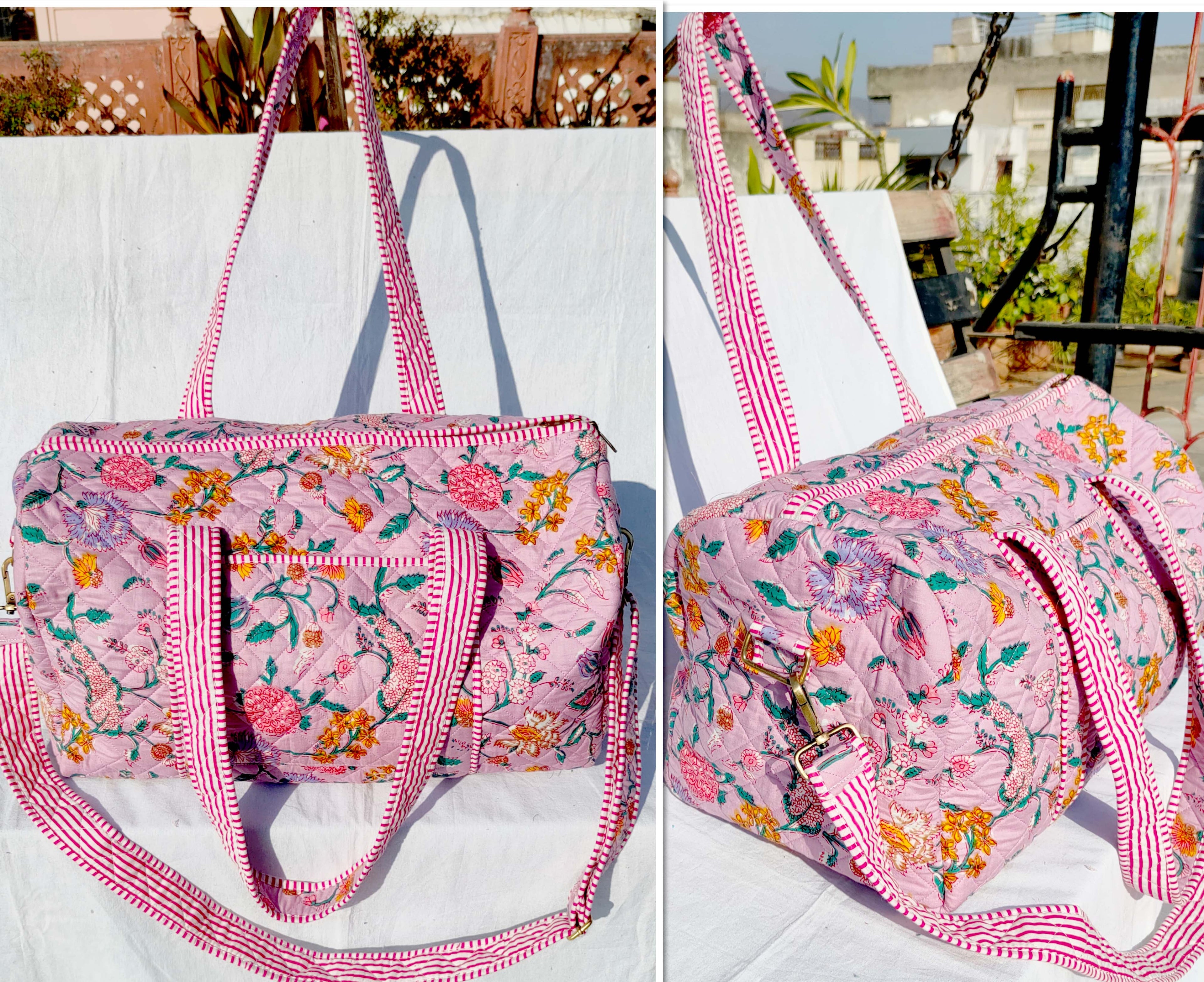 Indian handblock printed travel bag / large duffel bag- Pink Floral print