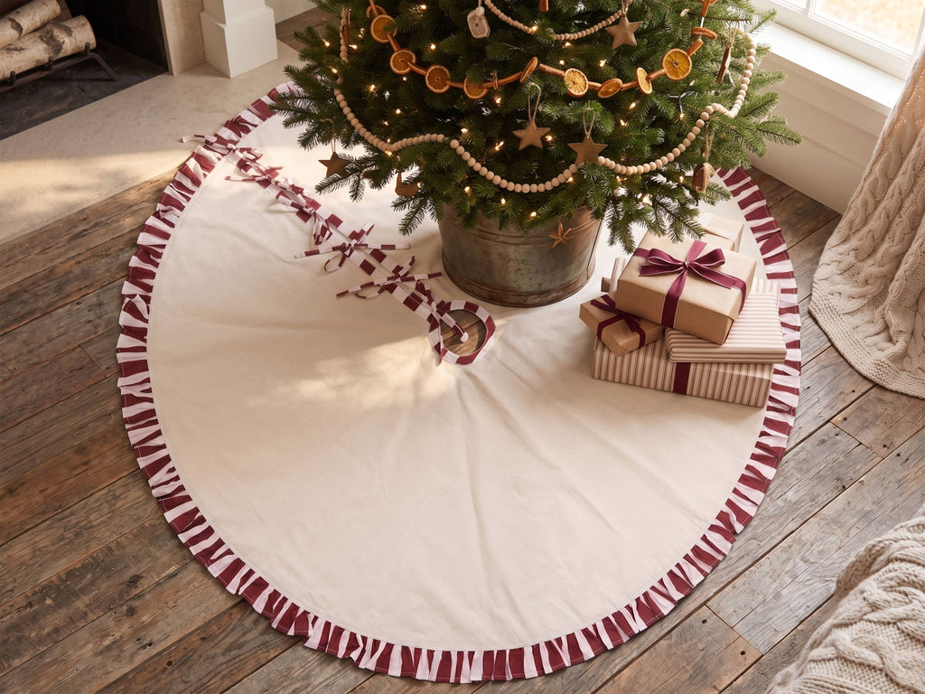 Christmas Tree Skirt with ruffles | Canvas Tree Skirt with striped Red ruffles| Christmas Decor