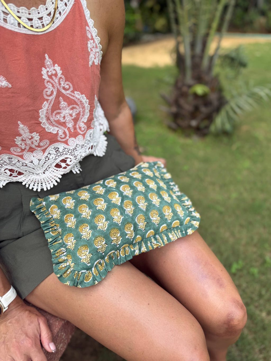 Indian Hand block Printed- Emerald Ruffle Clutch
