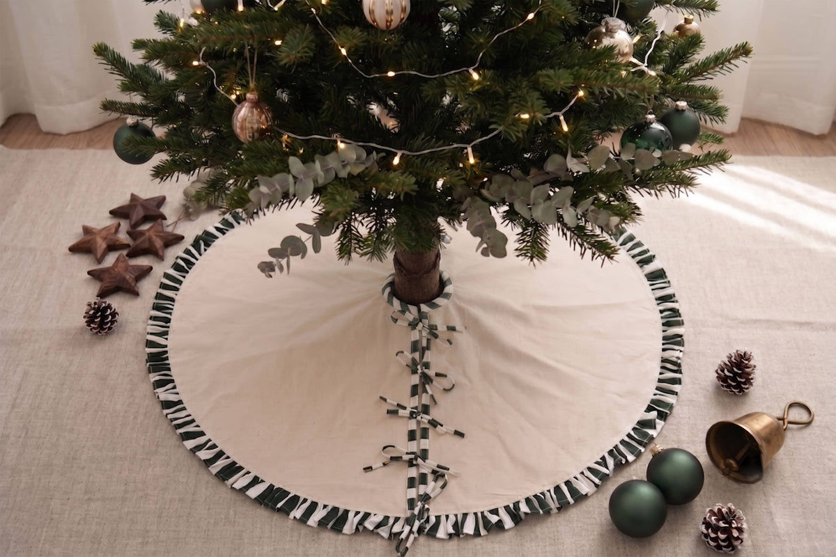 Christmas Tree Skirt with ruffles | Canvas Tree Skirt with striped green ruffles| Christmas Decor