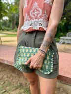 Indian Hand block Printed- Emerald Ruffle Clutch