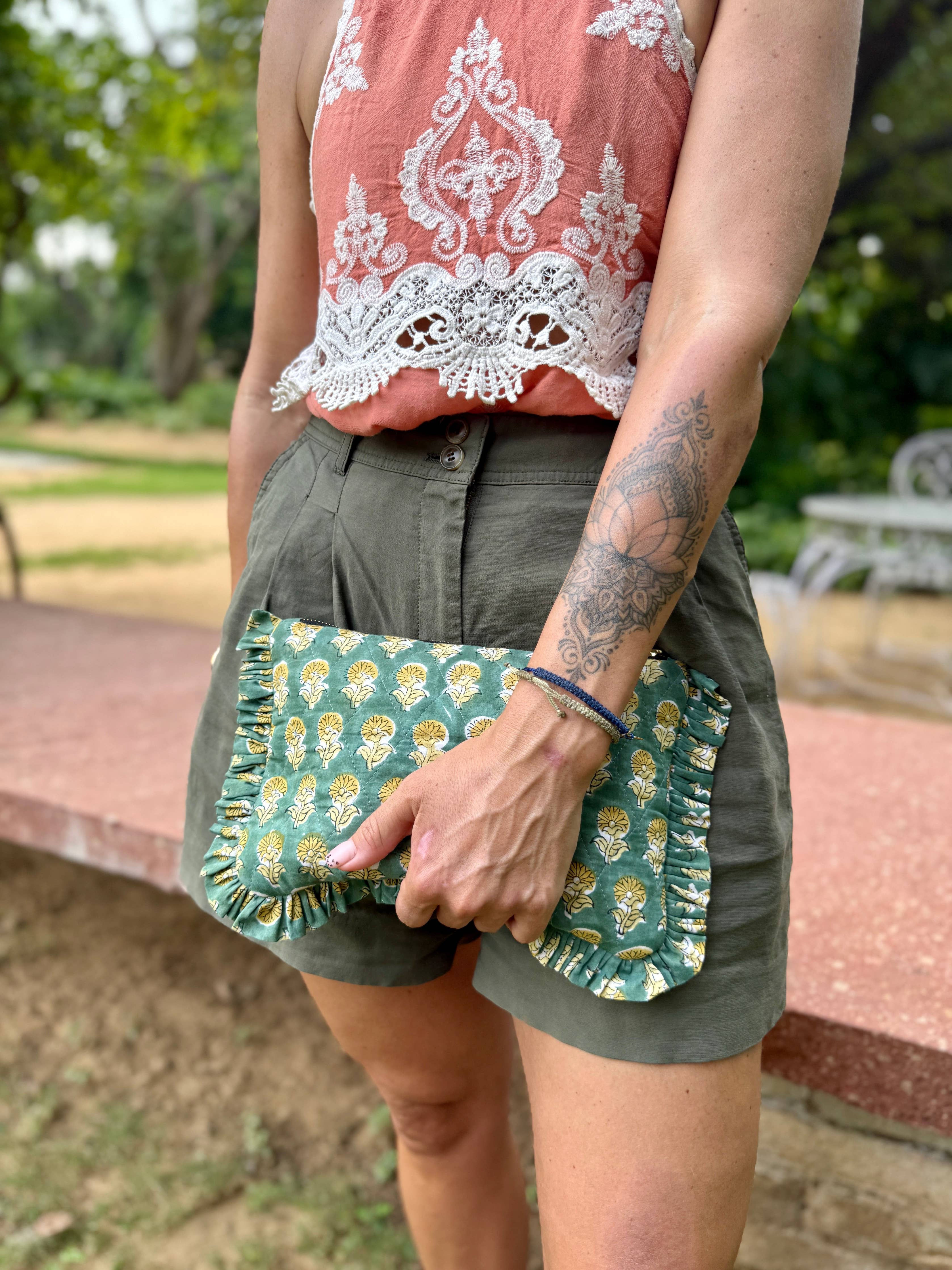 Indian Hand block Printed- Emerald Ruffle Clutch