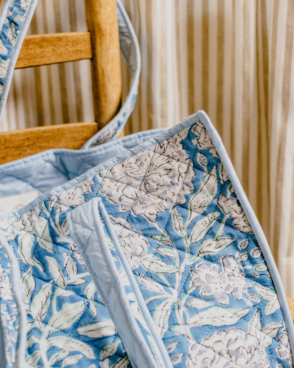 Indian Hand Block Print Tote Bag- Jade Peony print /Blue