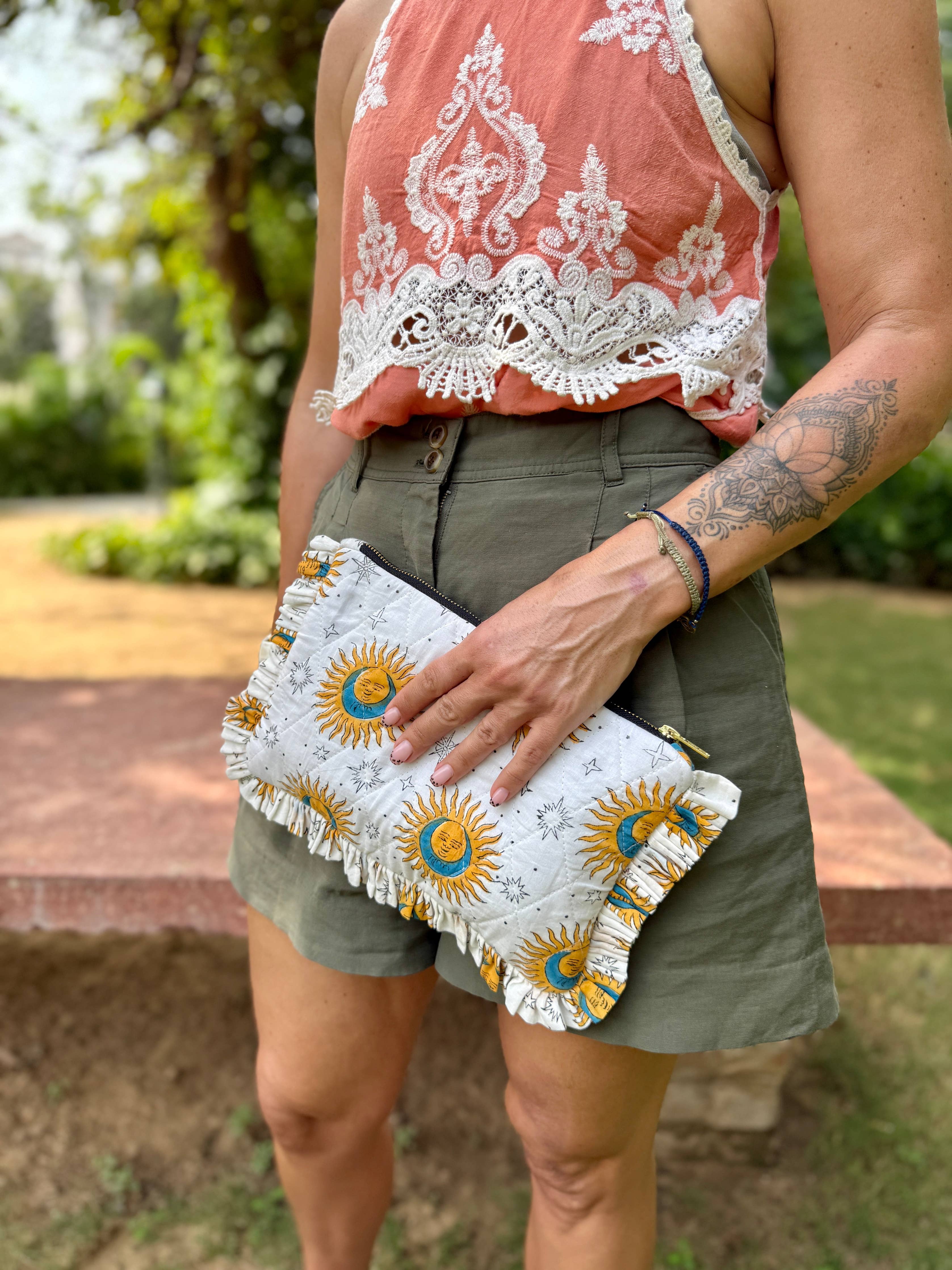Indian Block printed Celestial Ruffle Clutch
