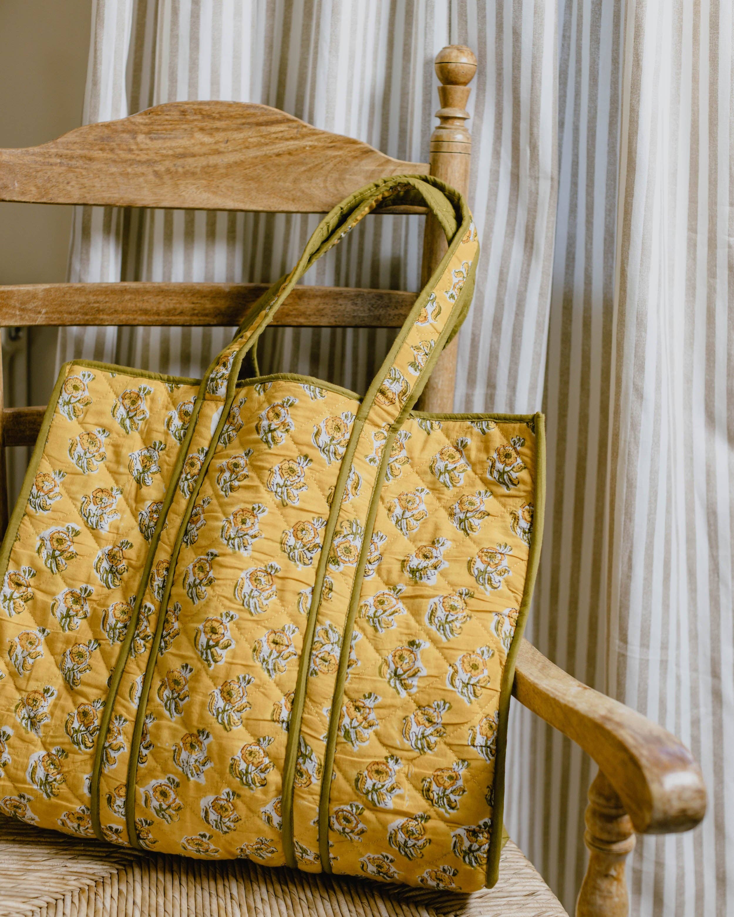 Indian Hand Block Print Tote Bag - Marigold print / Mustard yellow