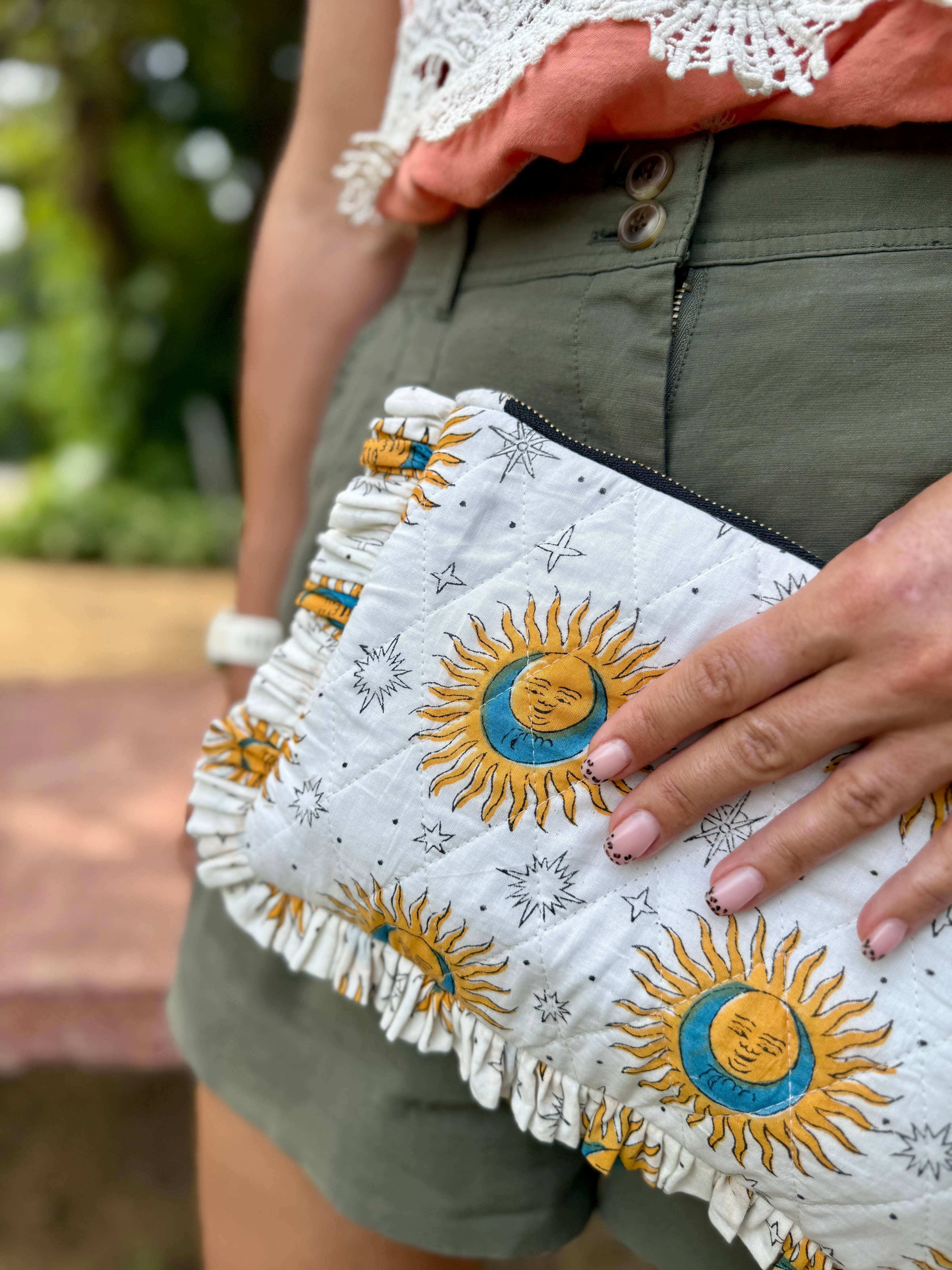 Indian Block printed Celestial Ruffle Clutch