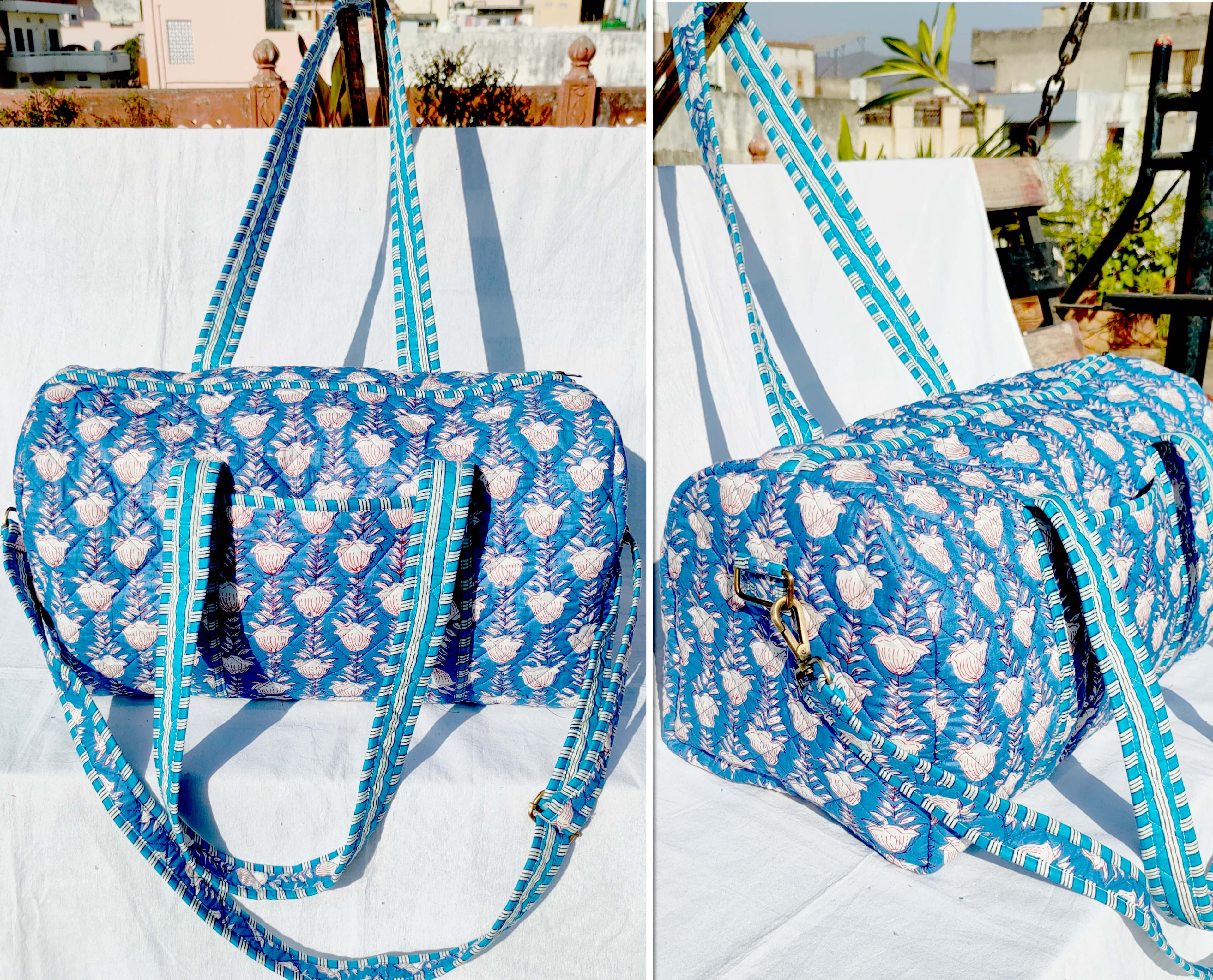 Blue and white floral printed Travel Bag / Duffel Bag