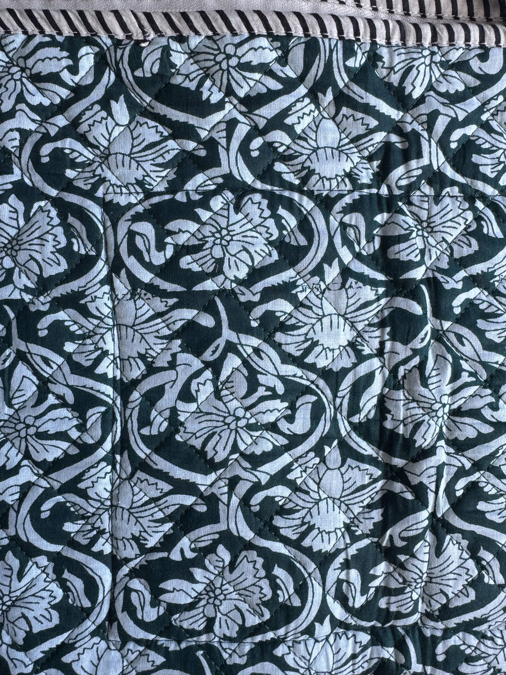 Quilted Block print Yoga Mat Bag in Teal and white floral print: Indian Handmade Cotton Tote bag