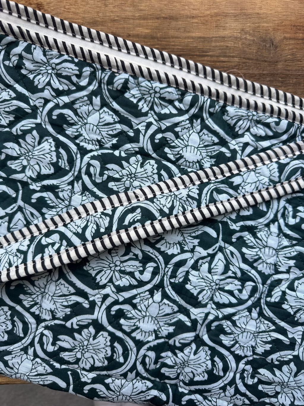 Quilted Block print Yoga Mat Bag in Teal and white floral print: Indian Handmade Cotton Tote bag
