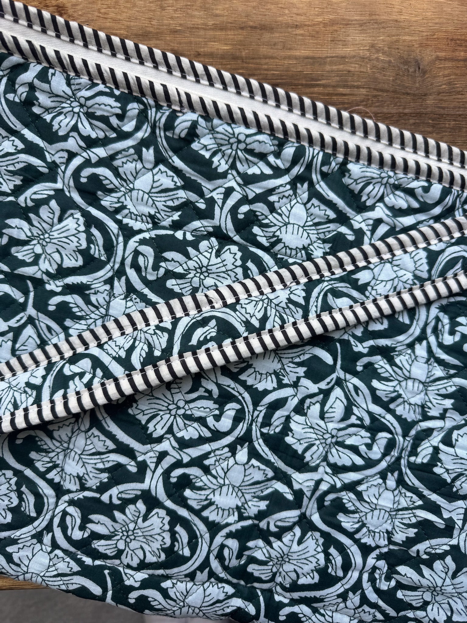 Quilted Block print Yoga Mat Bag in Teal and white floral print: Indian Handmade Cotton Tote bag