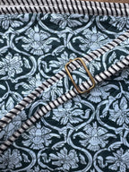 Quilted Block print Yoga Mat Bag in Teal and white floral print: Indian Handmade Cotton Tote bag