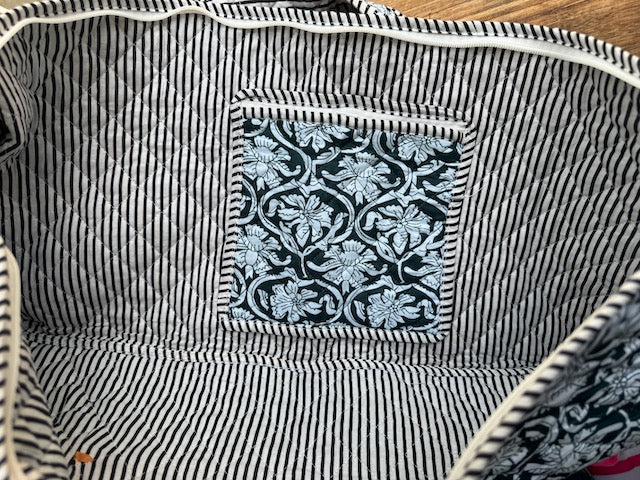 Quilted Block print Yoga Mat Bag in Teal and white floral print: Indian Handmade Cotton Tote bag