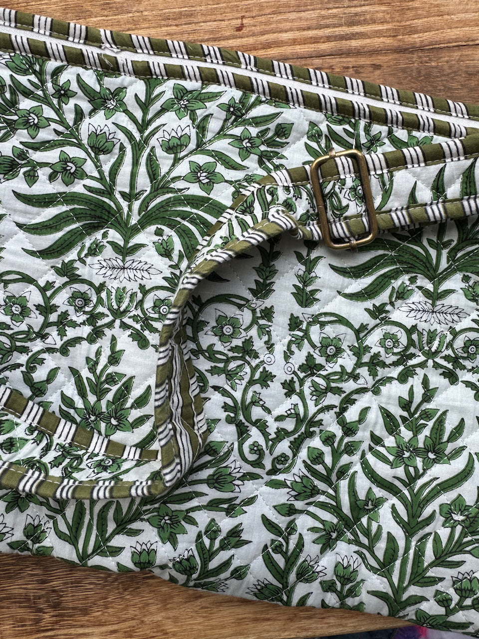 Quilted Block print Yoga Mat Bag in Green and White floral print: Indian Handmade Cotton Tote bag