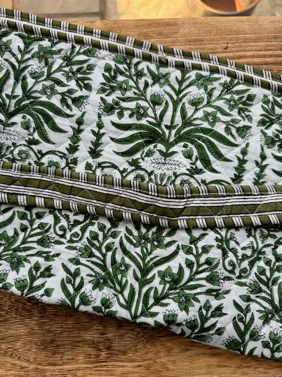 Quilted Block print Yoga Mat Bag in Green and White floral print: Indian Handmade Cotton Tote bag