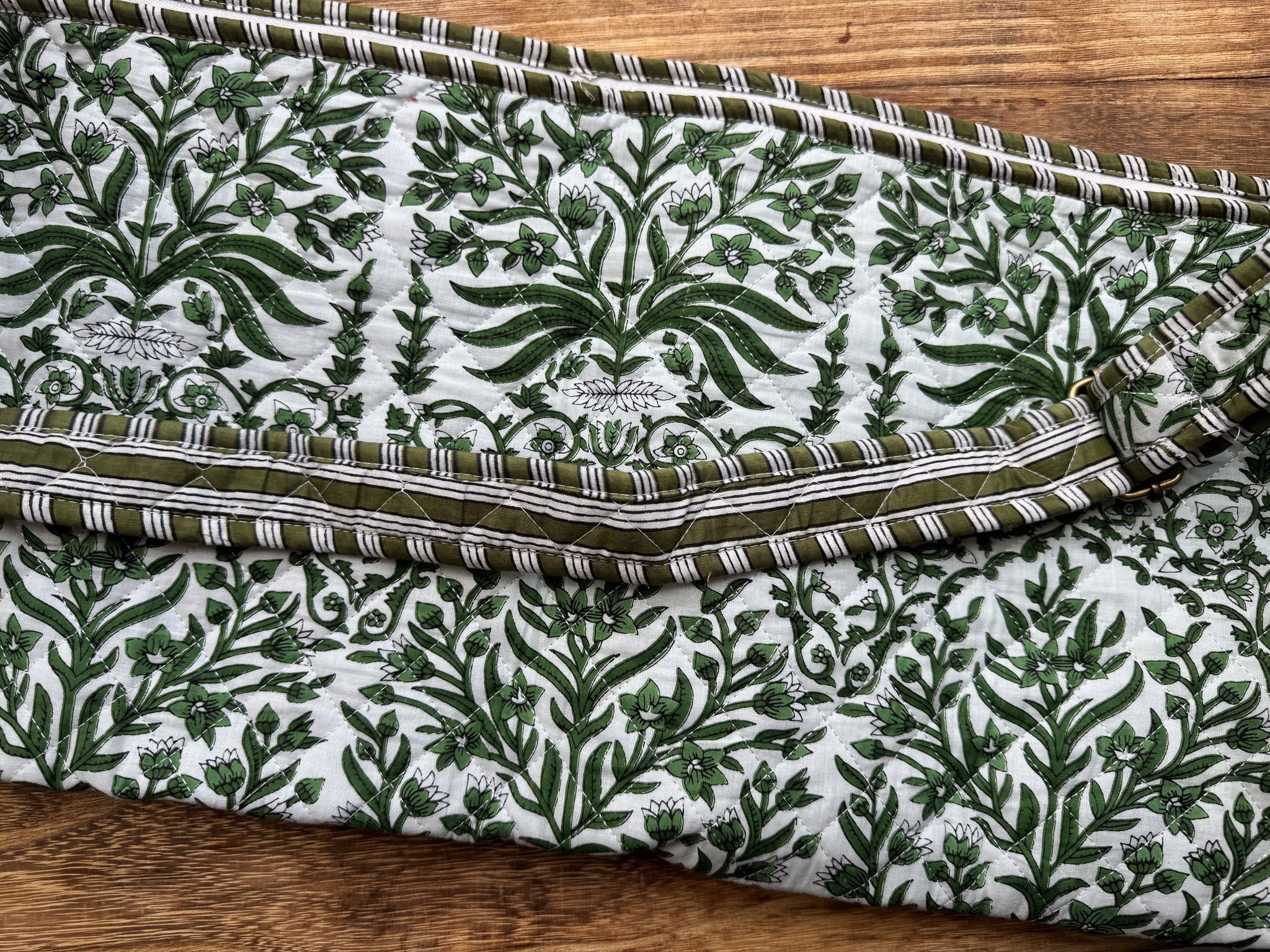 Quilted Block print Yoga Mat Bag in Green and White floral print: Indian Handmade Cotton Tote bag