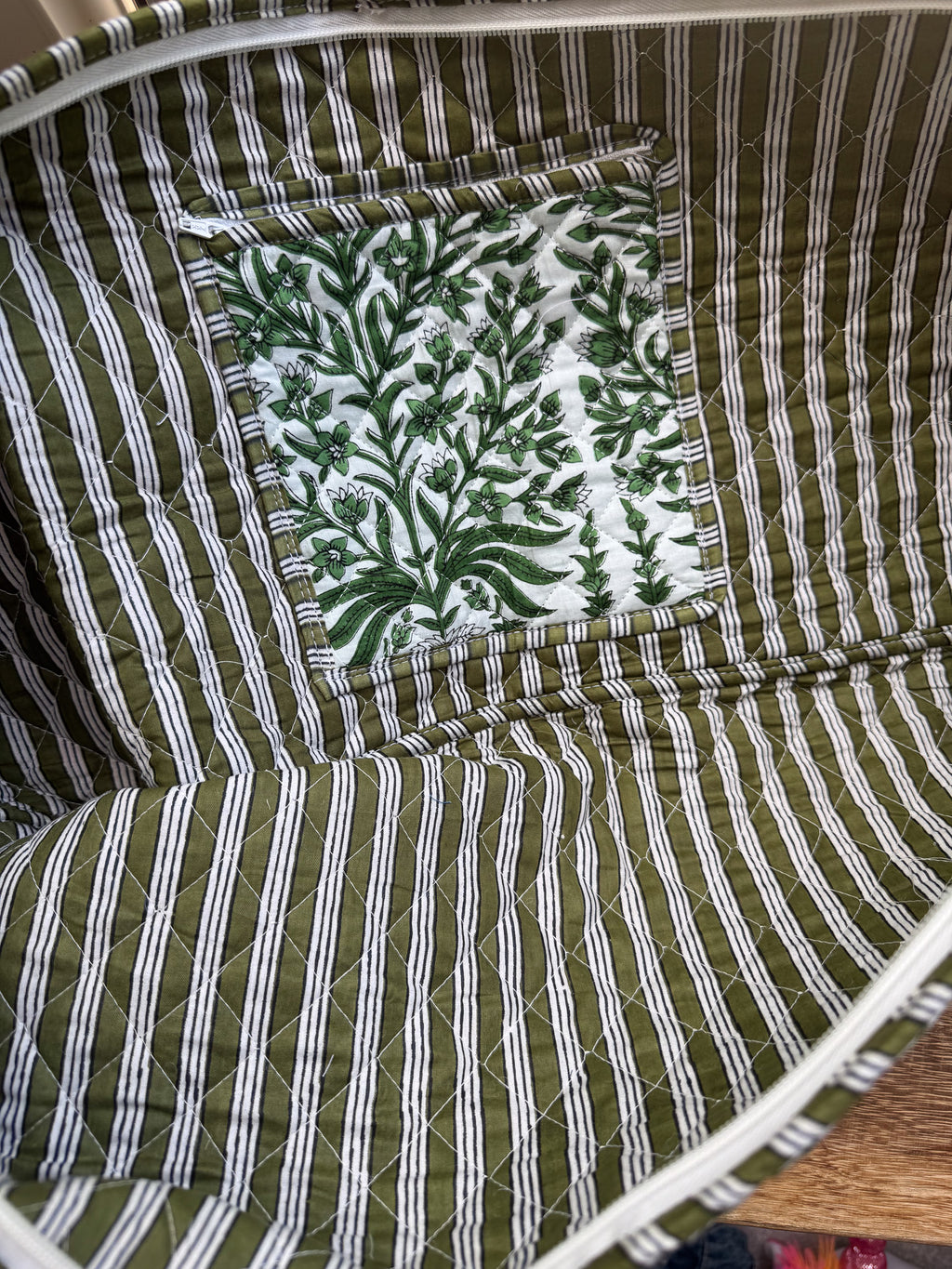 Quilted Block print Yoga Mat Bag in Green and White floral print: Indian Handmade Cotton Tote bag