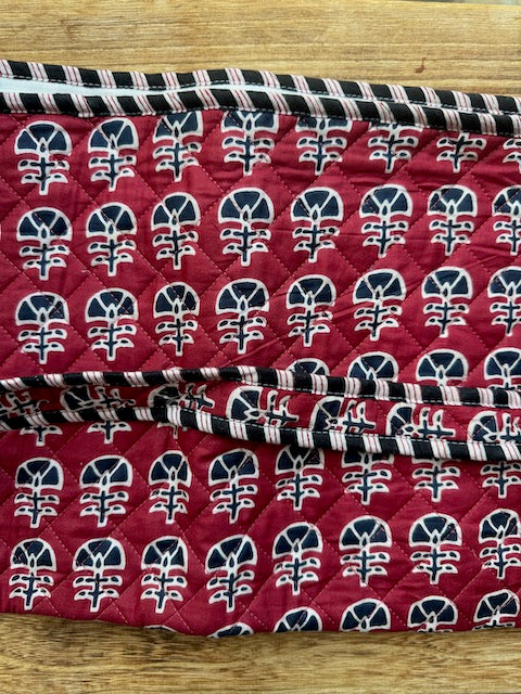 Quilted Block print Yoga Mat Bag in Red and Black floral print: Indian Handmade Cotton Tote bag