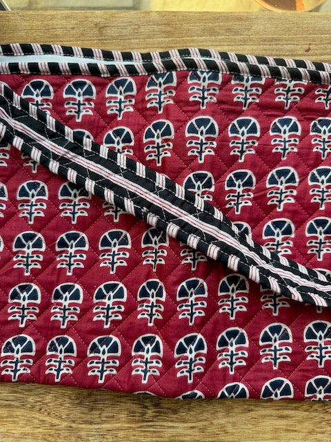 Quilted Block print Yoga Mat Bag in Red and Black floral print: Indian Handmade Cotton Tote bag