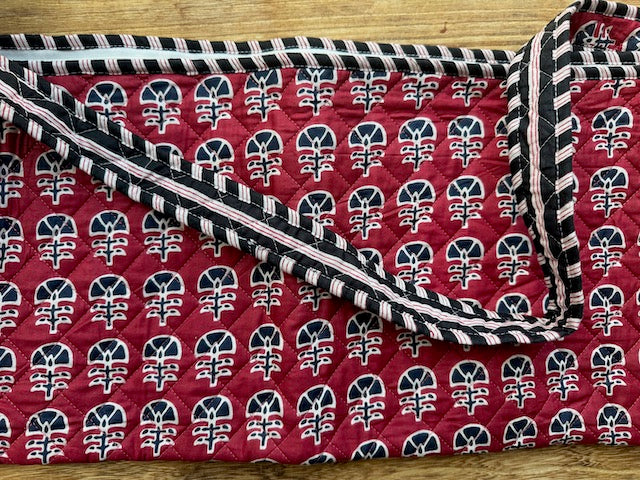 Quilted Block print Yoga Mat Bag in Red and Black floral print: Indian Handmade Cotton Tote bag