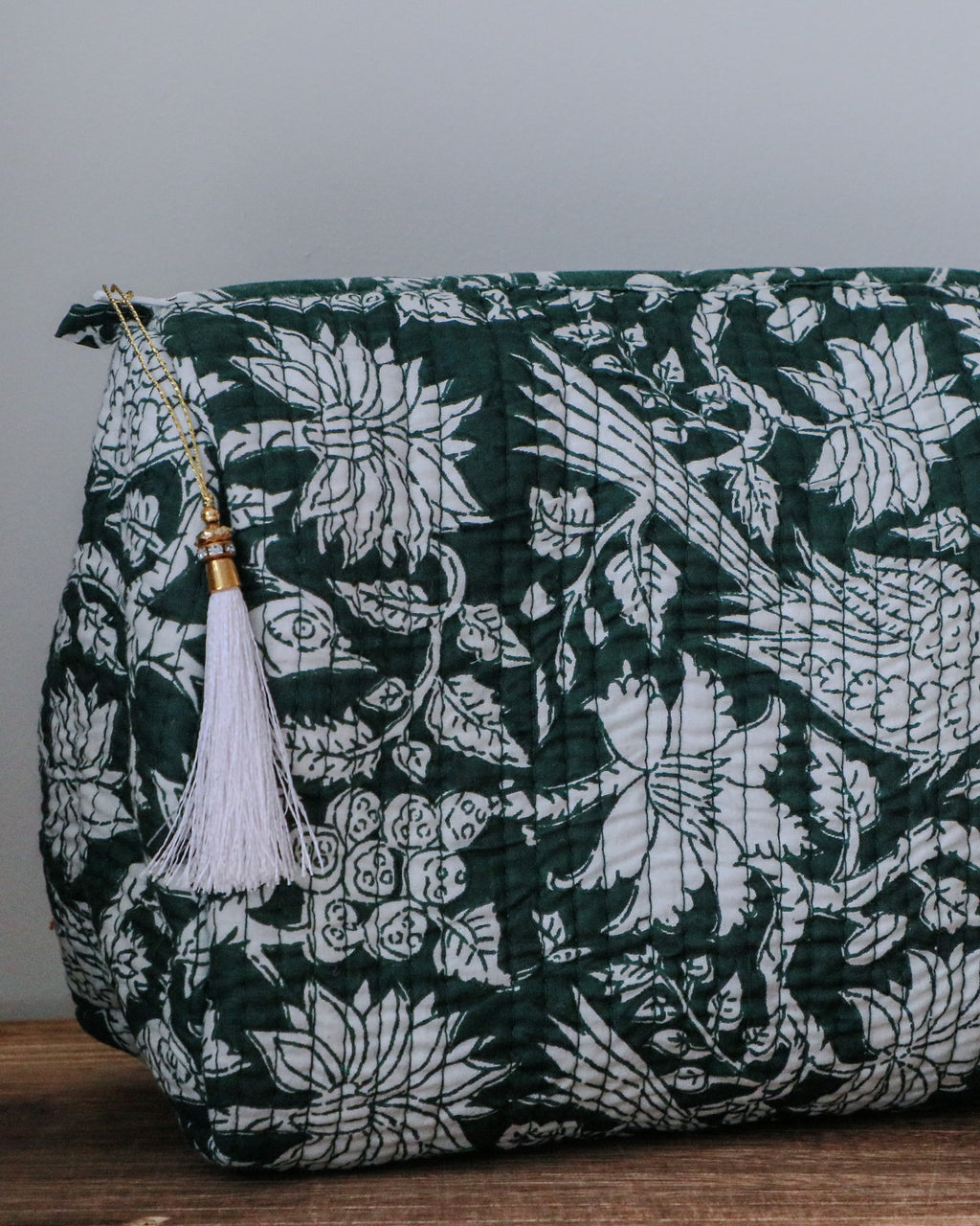 Quilted Puffy Wash Bag Set of 3 – Aesthetic Makeup & Toiletry Bags UK, Block Print Cotton Travel Pouches ,Made in India- Teal Bird Print