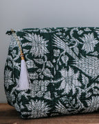 Quilted Puffy Wash Bag Set of 3 – Aesthetic Makeup & Toiletry Bags UK, Block Print Cotton Travel Pouches ,Made in India- Teal Bird Print