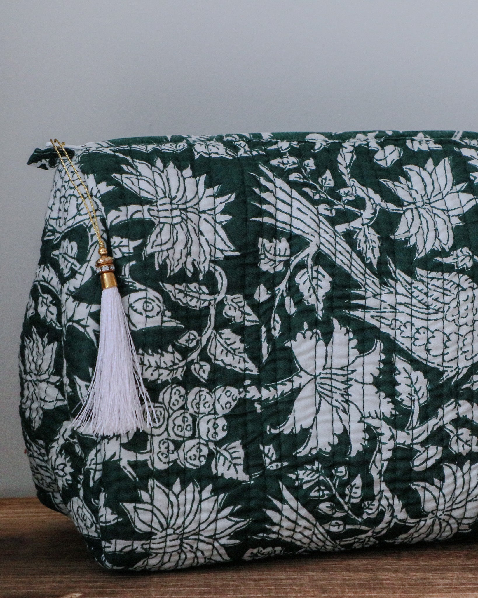 Quilted Puffy Wash Bag Set of 3 – Aesthetic Makeup & Toiletry Bags UK, Block Print Cotton Travel Pouches ,Made in India- Teal Bird Print
