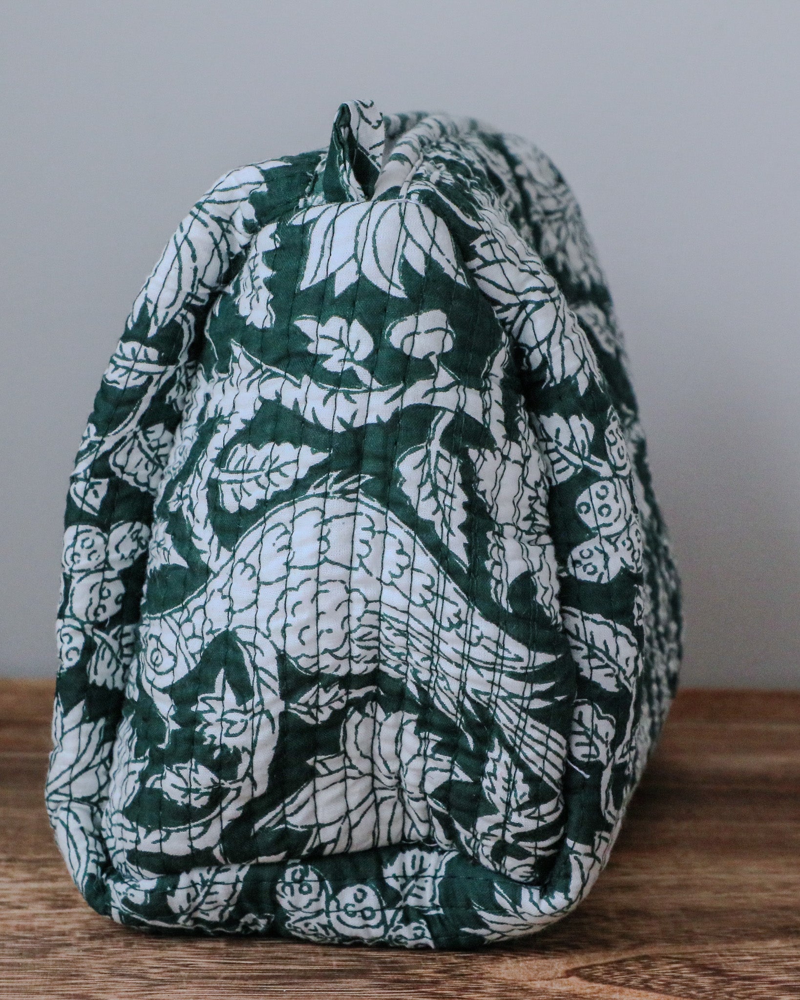 Quilted Puffy Wash Bag Set of 3 – Aesthetic Makeup & Toiletry Bags UK, Block Print Cotton Travel Pouches ,Made in India- Teal Bird Print