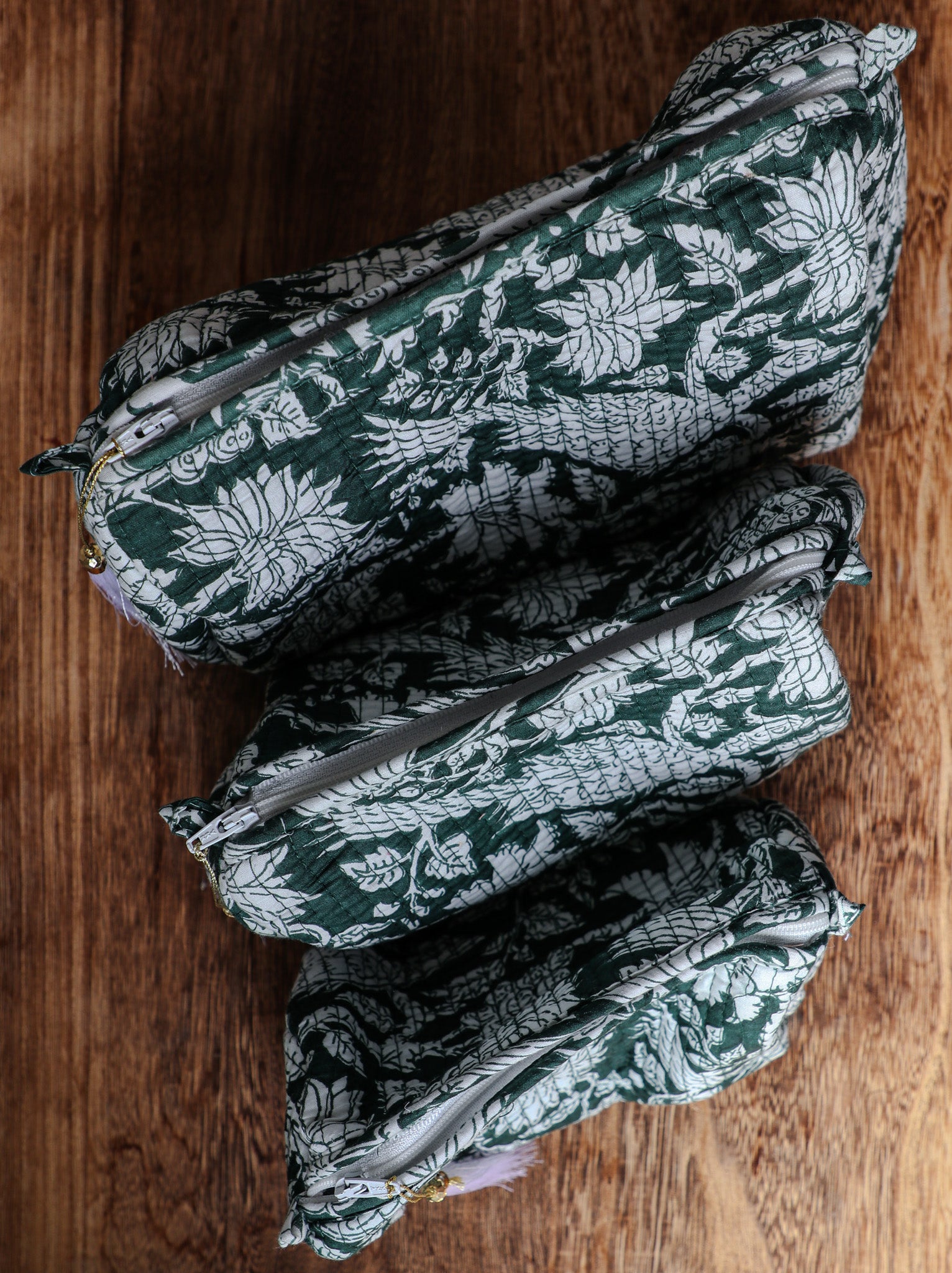 Quilted Puffy Wash Bag Set of 3 – Aesthetic Makeup & Toiletry Bags UK, Block Print Cotton Travel Pouches ,Made in India- Teal Bird Print