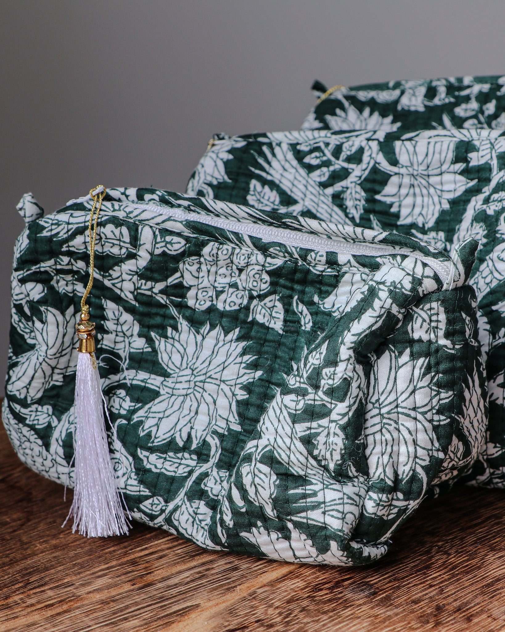 Quilted Puffy Wash Bag Set of 3 – Aesthetic Makeup & Toiletry Bags UK, Block Print Cotton Travel Pouches ,Made in India- Teal Bird Print