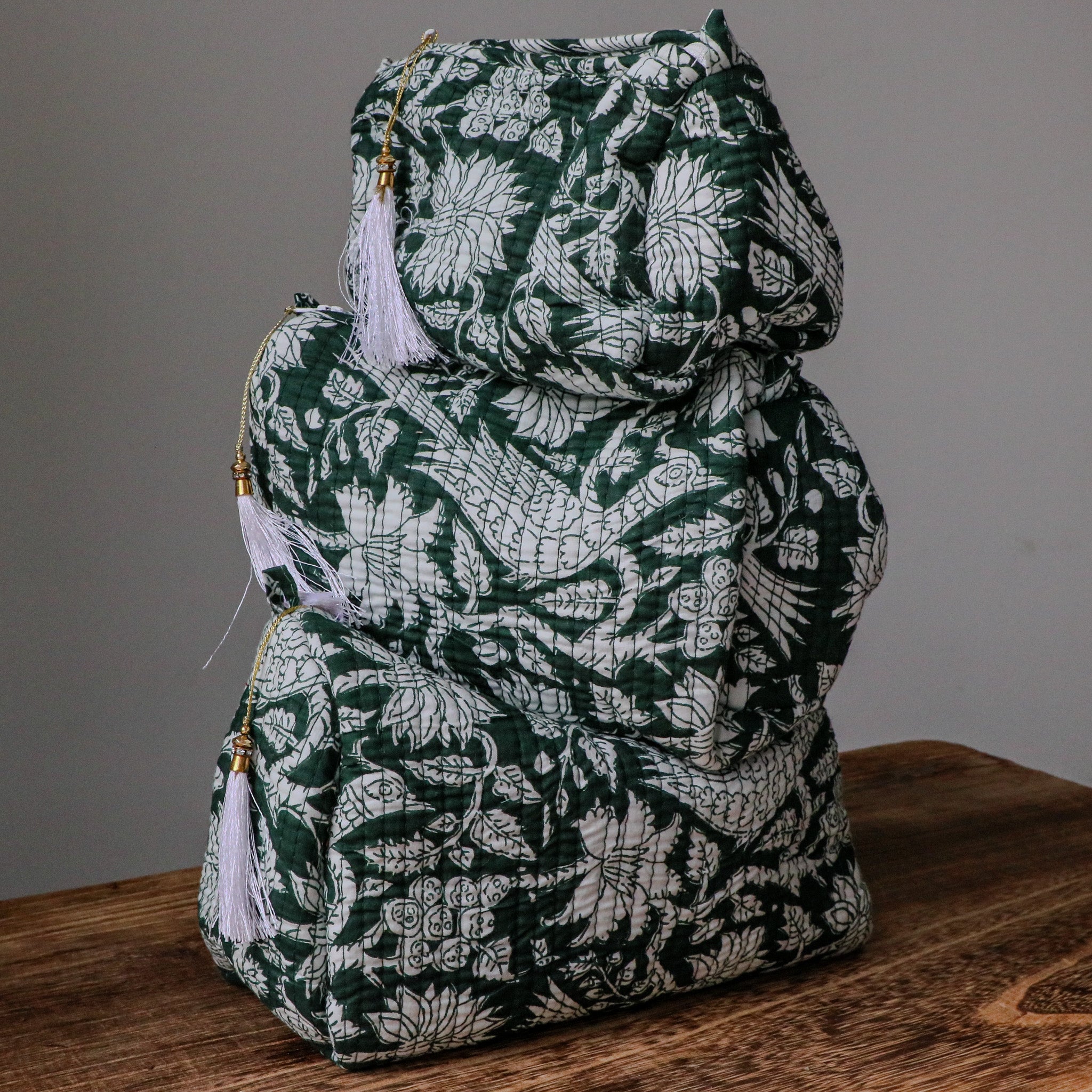 Quilted Puffy Wash Bag Set of 3 – Aesthetic Makeup & Toiletry Bags UK, Block Print Cotton Travel Pouches ,Made in India- Teal Bird Print