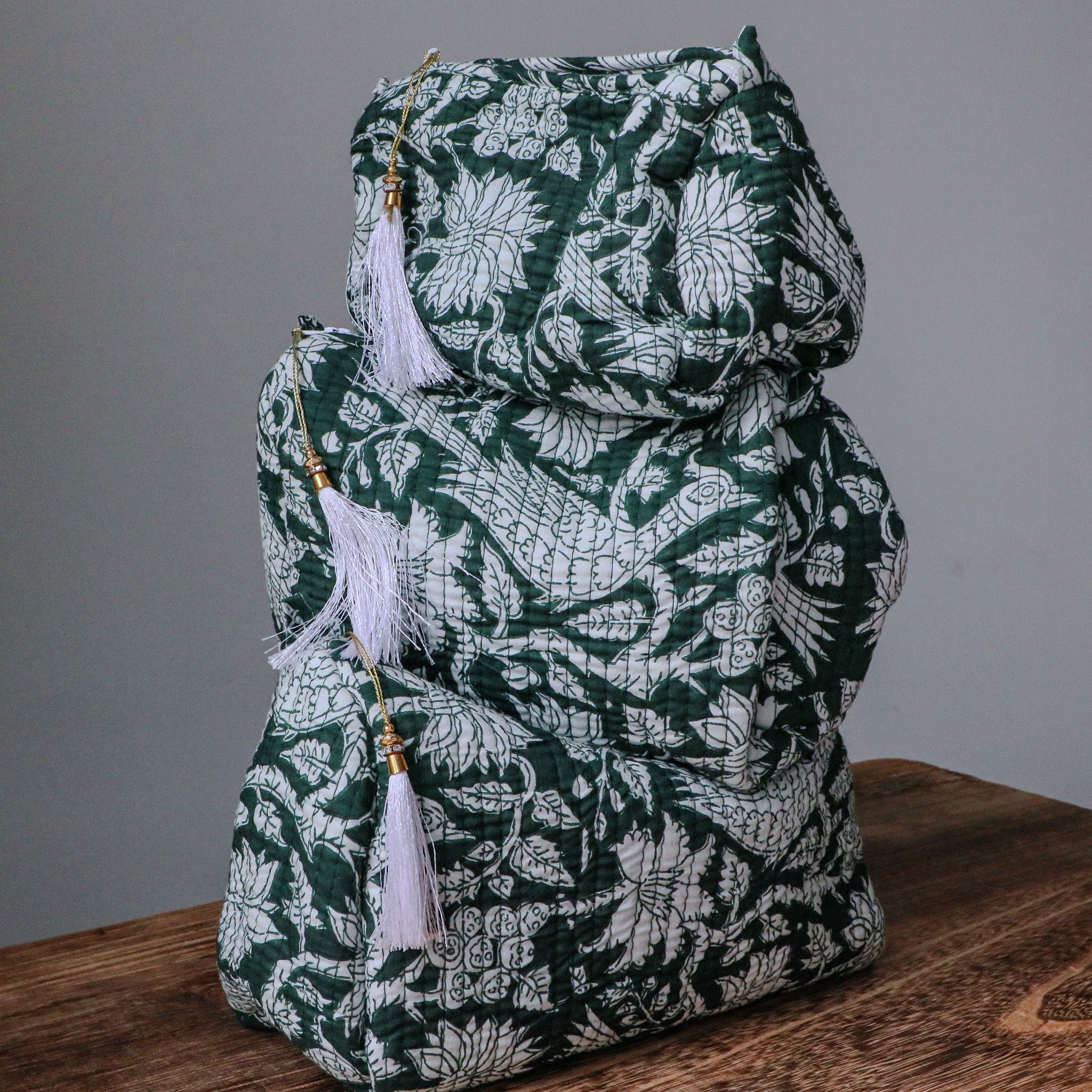 Quilted Puffy Wash Bag Set of 3 – Aesthetic Makeup & Toiletry Bags UK, Block Print Cotton Travel Pouches ,Made in India- Teal Bird Print