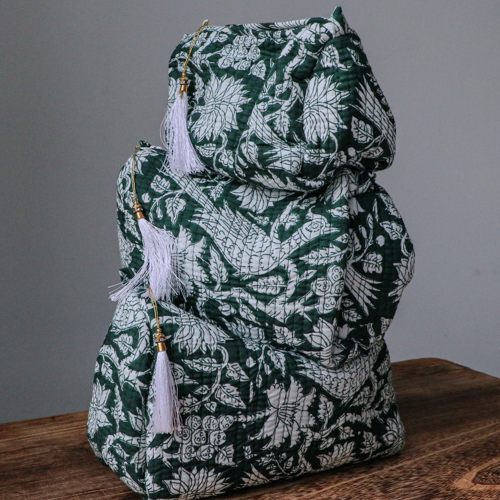 Quilted Puffy Wash Bag Set of 3 – Aesthetic Makeup & Toiletry Bags UK, Block Print Cotton Travel Pouches ,Made in India- Teal Bird Print