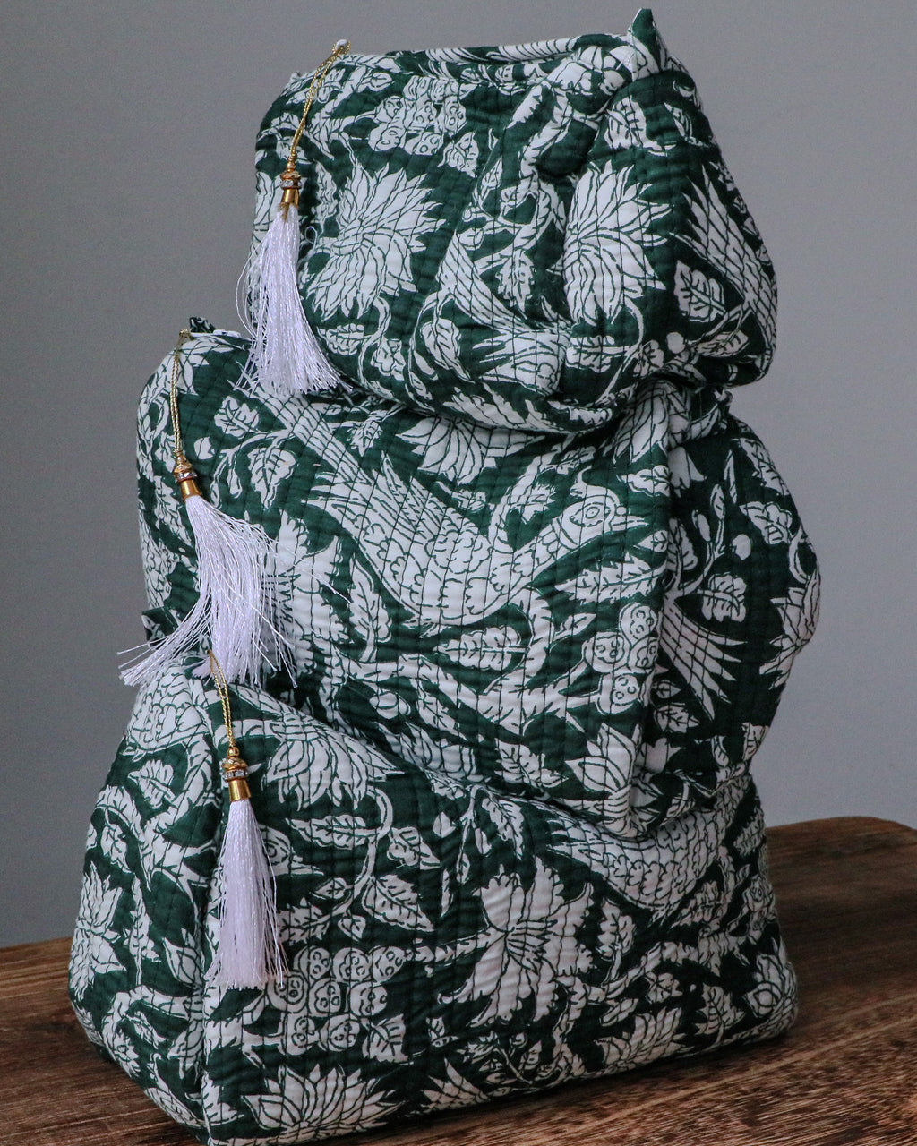 Quilted Puffy Wash Bag Set of 3 – Aesthetic Makeup & Toiletry Bags UK, Block Print Cotton Travel Pouches ,Made in India- Teal Bird Print