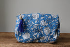 Quilted Puffy Wash Bag Set of 3 – Aesthetic Makeup & Toiletry Bags UK, Block Print Cotton Travel Pouches ,Made in India- Blue Floral Print