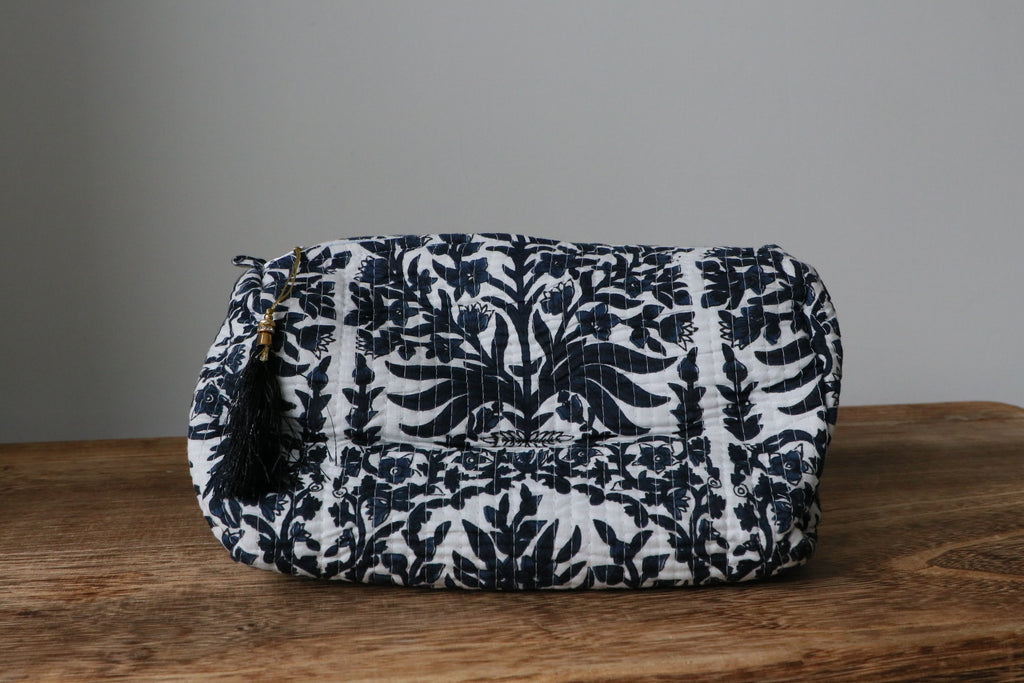 Quilted Puffy Wash Bag Set of 3 – Aesthetic Makeup & Toiletry Bags UK, Block Print Cotton Travel Pouches ,Made in India- Black Blue Floral
