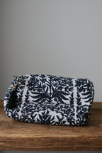 Quilted Puffy Wash Bag Set of 3 – Aesthetic Makeup & Toiletry Bags UK, Block Print Cotton Travel Pouches ,Made in India- Black Blue Floral