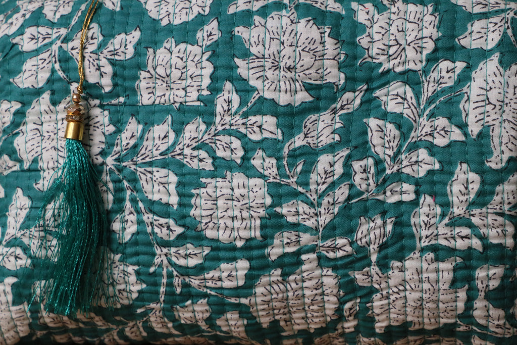 Quilted Puffy Wash Bag Set of 3 – Aesthetic Makeup & Toiletry Bags UK, Block Print Cotton Travel Pouches ,Made in India- Green Floral